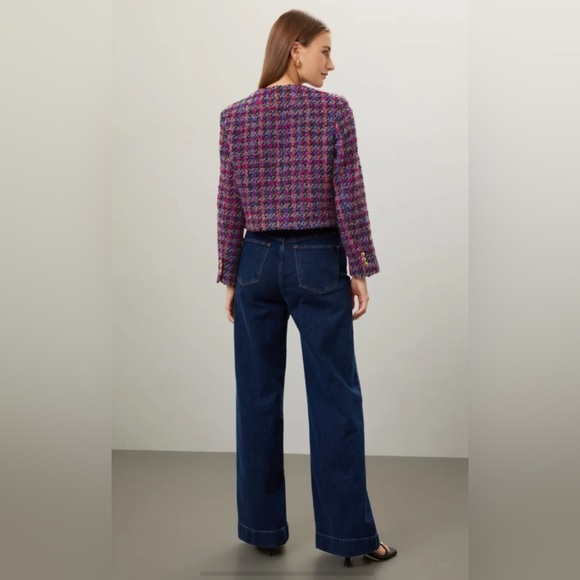 NEW SANDRO Cropped  wool blend bouclé-tweed jacket - Black/Fuschia FR 38 - Picture 8 of 16